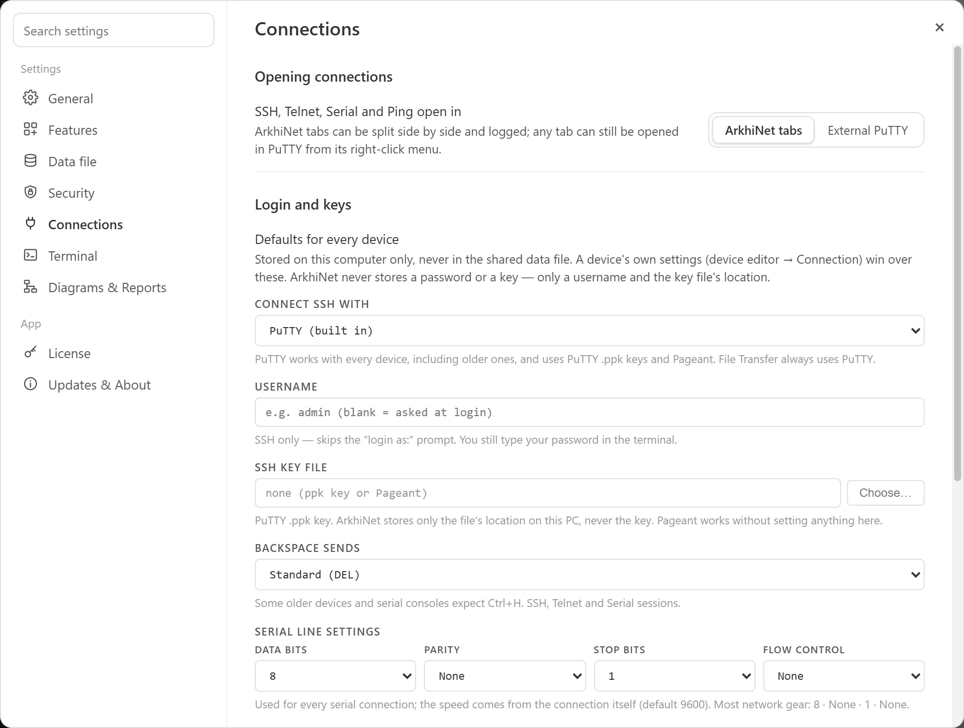 Settings, Connections section, showing Opening connections, Login and keys defaults and Default launch buttons