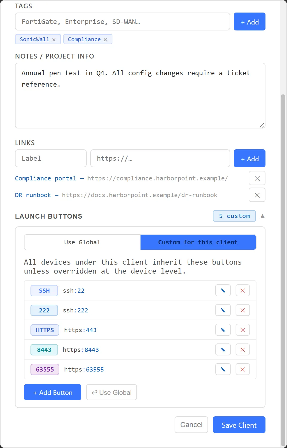 Edit client dialog for Harbor Point Financial with the LAUNCH BUTTONS section expanded and Custom for this client selected