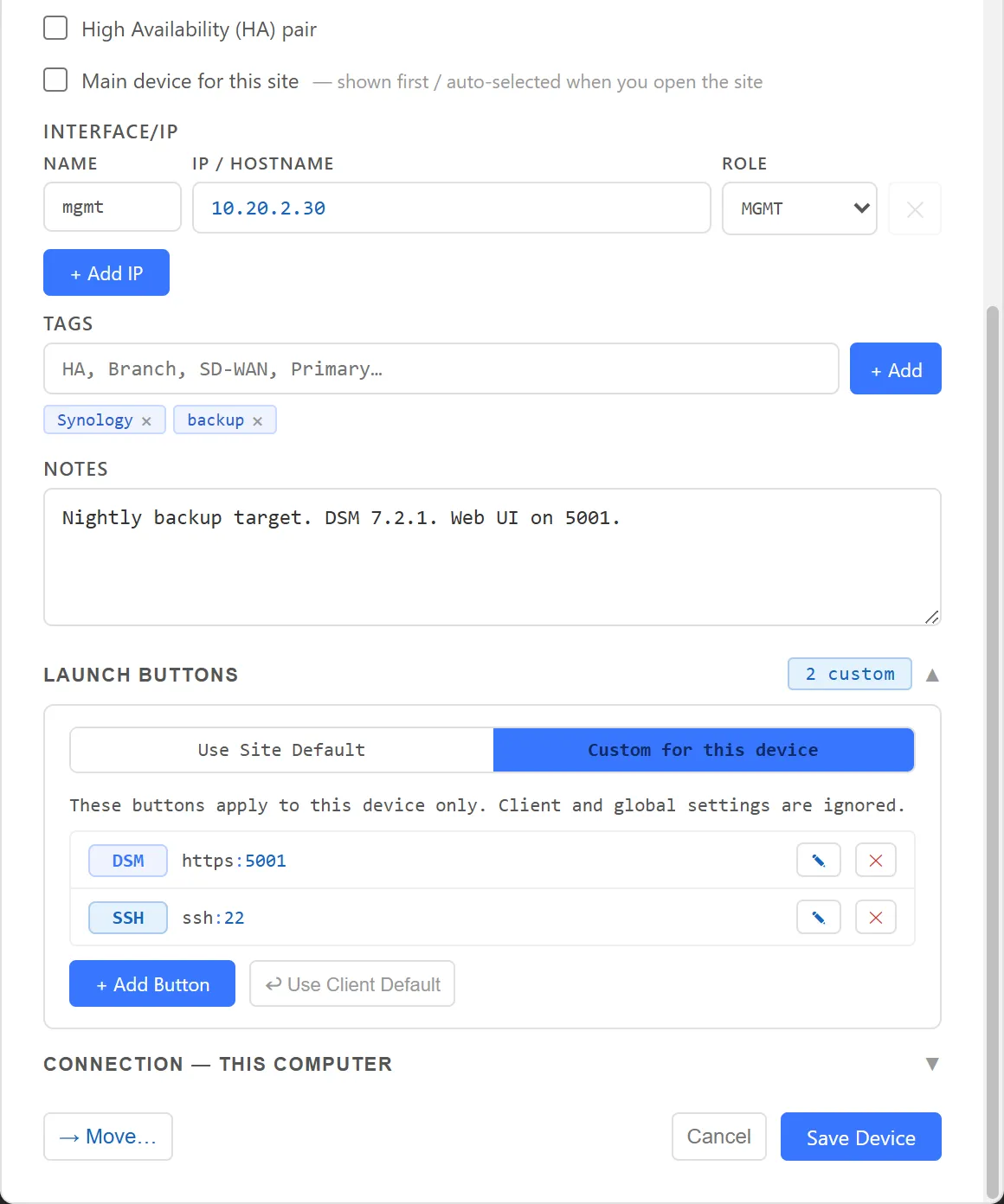 Device editor for NWL-TAC-NAS01 with custom Launch Buttons DSM on https port 5001 and SSH on port 22