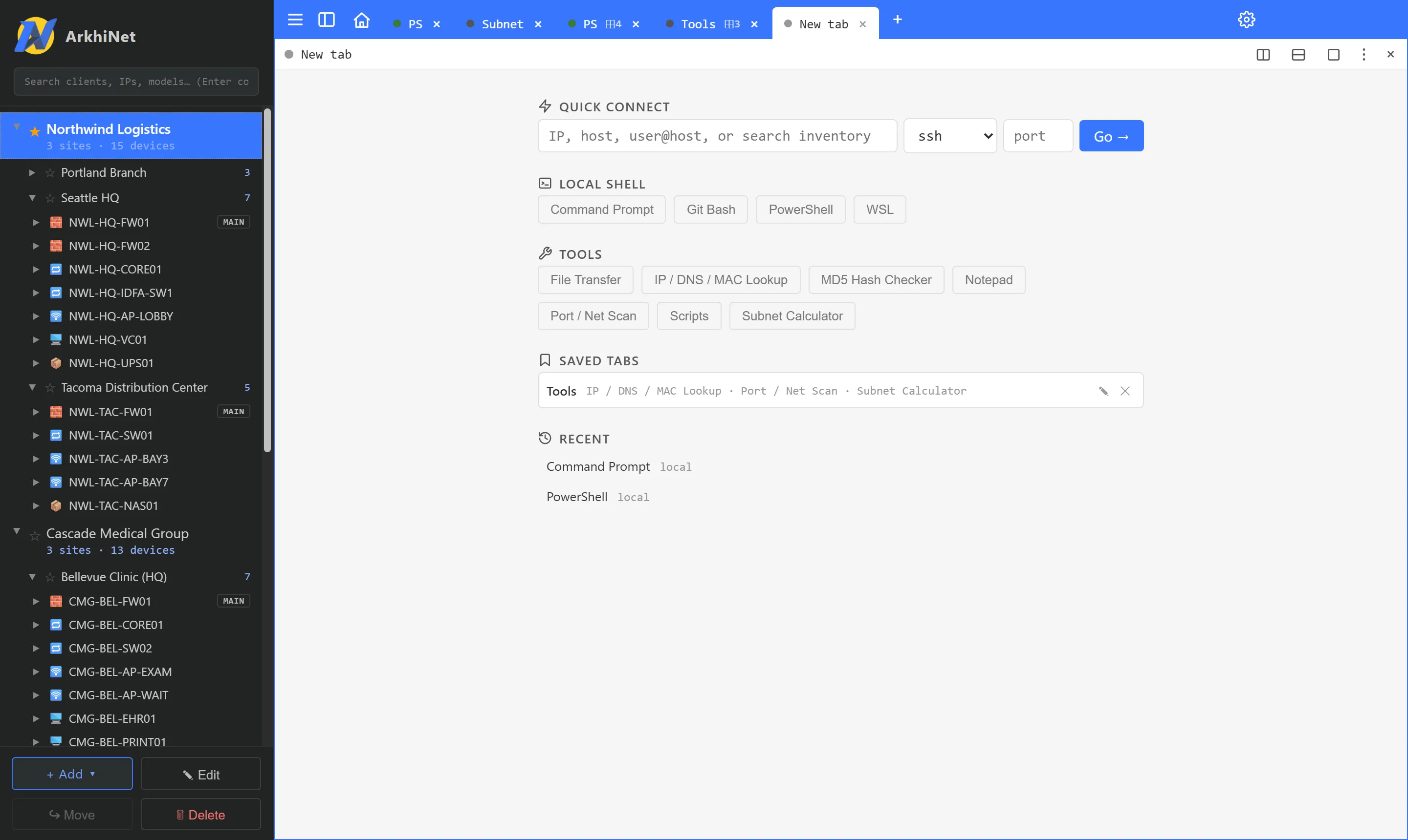 The new-tab screen with the QUICK CONNECT bar, LOCAL SHELL buttons, TOOLS buttons, a saved tab named Tools under SAVED TABS, and RECENT sessions