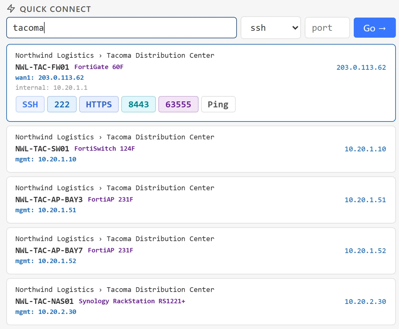Typing tacoma in the quick-connect bar shows matching Northwind Logistics Tacoma devices as cards