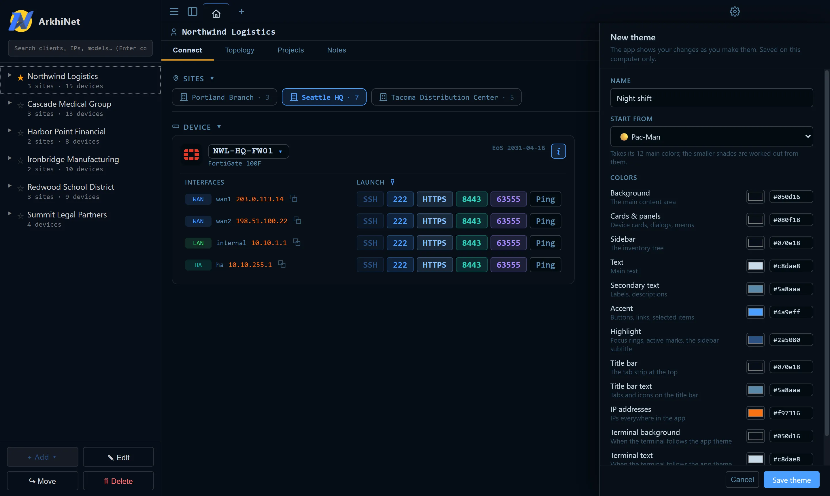 The New theme editor docked on the right with the name Night shift, Start from set to Pac-Man and the color rows, while the app behind it previews the draft colors