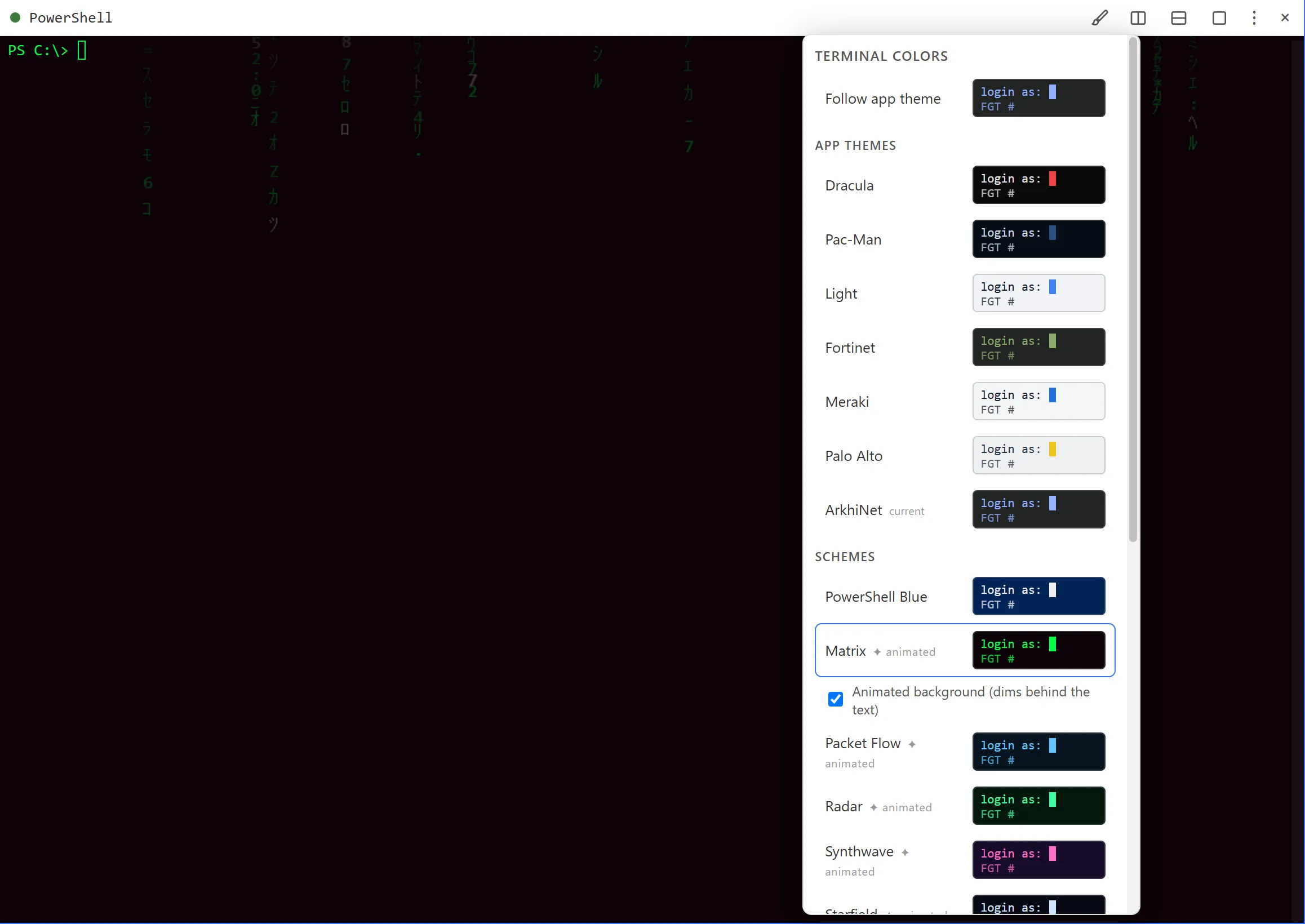 A PowerShell pane using the Matrix scheme, with the faint animated background behind the text and the Animated background checkbox under Matrix in the picker