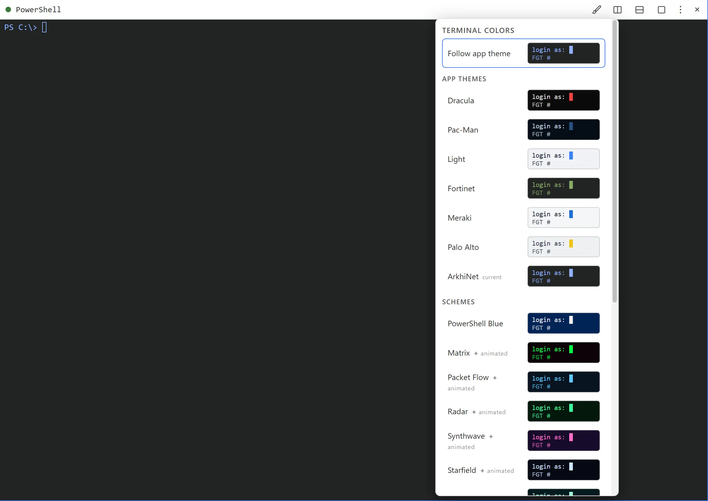 The Terminal colors list opened from the paintbrush on a PowerShell pane, showing Follow app theme, the app themes and the preset schemes with their samples