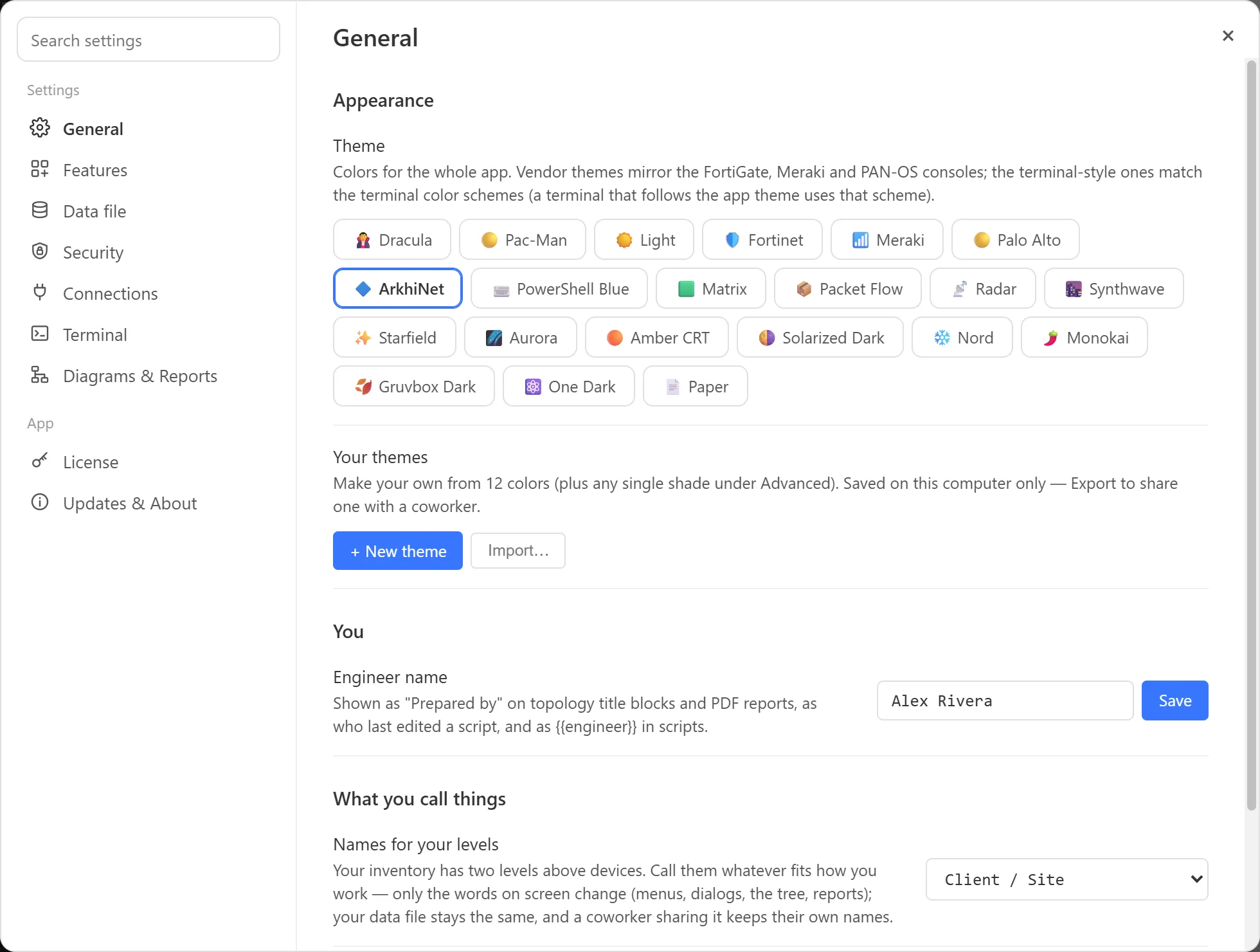 ArkhiNet Settings on the General page, showing the Appearance group with the built-in theme buttons and ArkhiNet selected