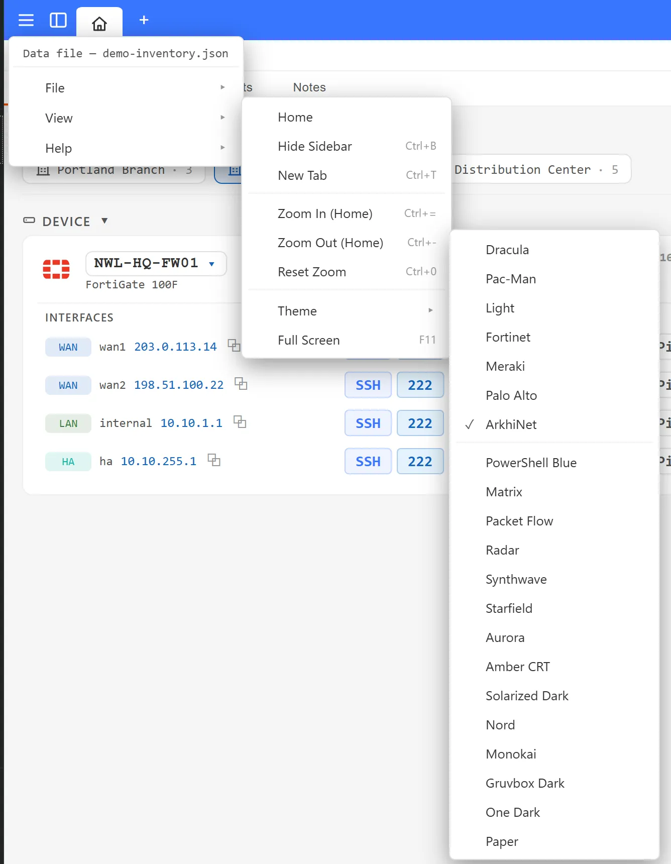 The app menu opened to View, then Theme, listing the built-in themes with a check mark next to ArkhiNet