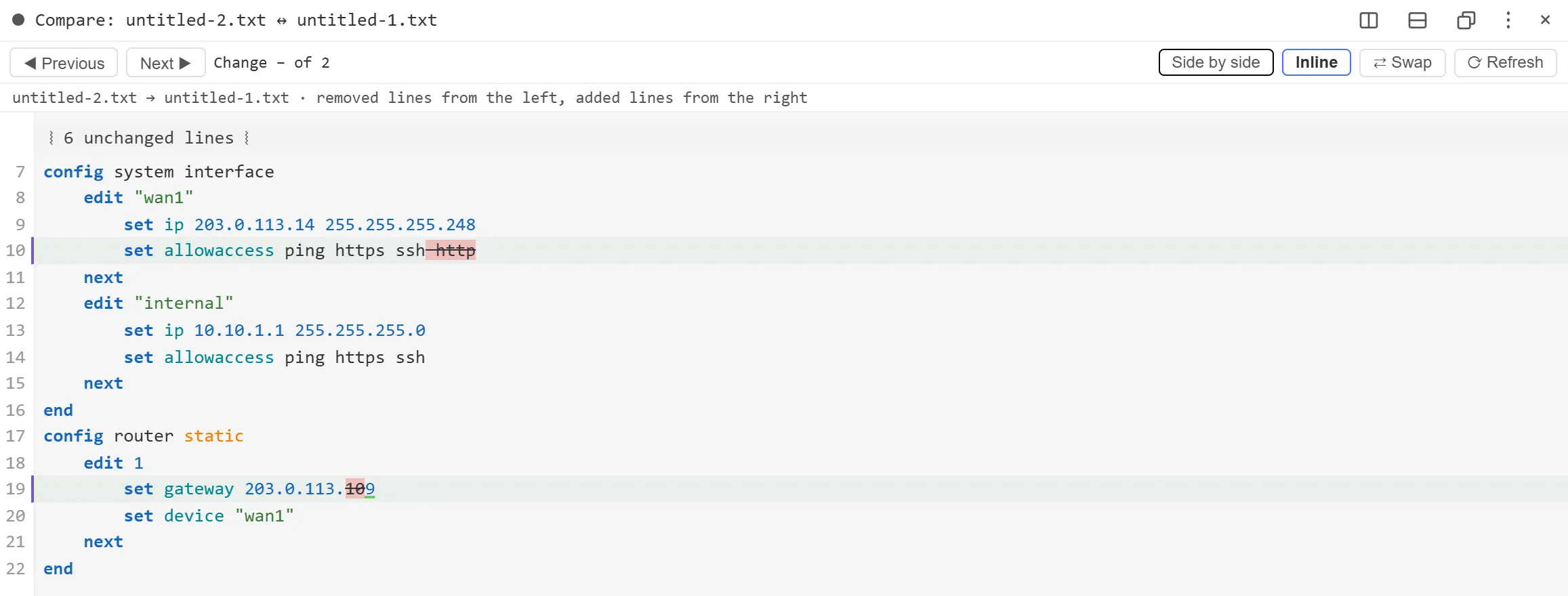 The same compare in Inline mode, with removed and added lines shown together in one column