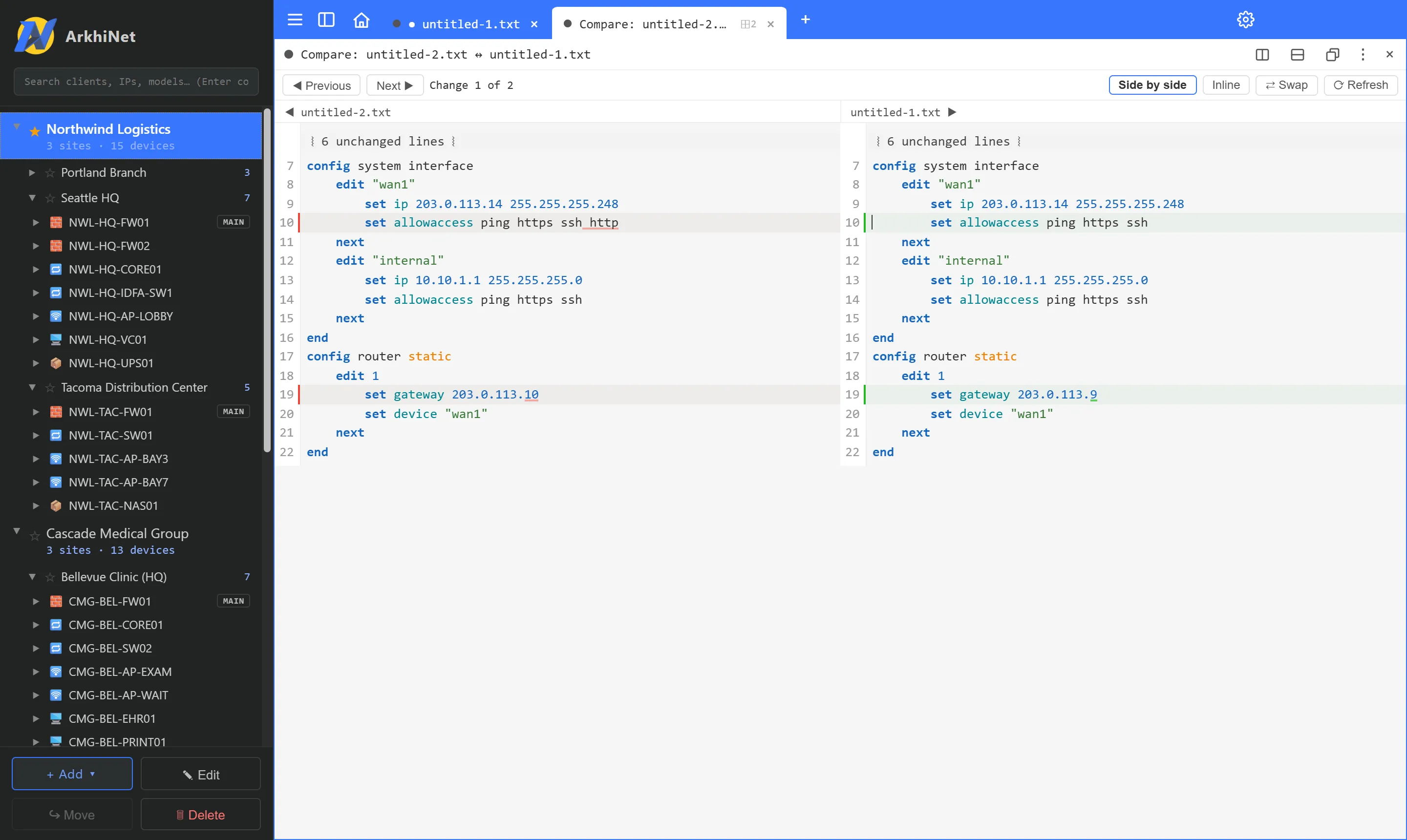 Compare view in Side by side mode showing two versions of a FortiGate config, with the changed lines and words highlighted