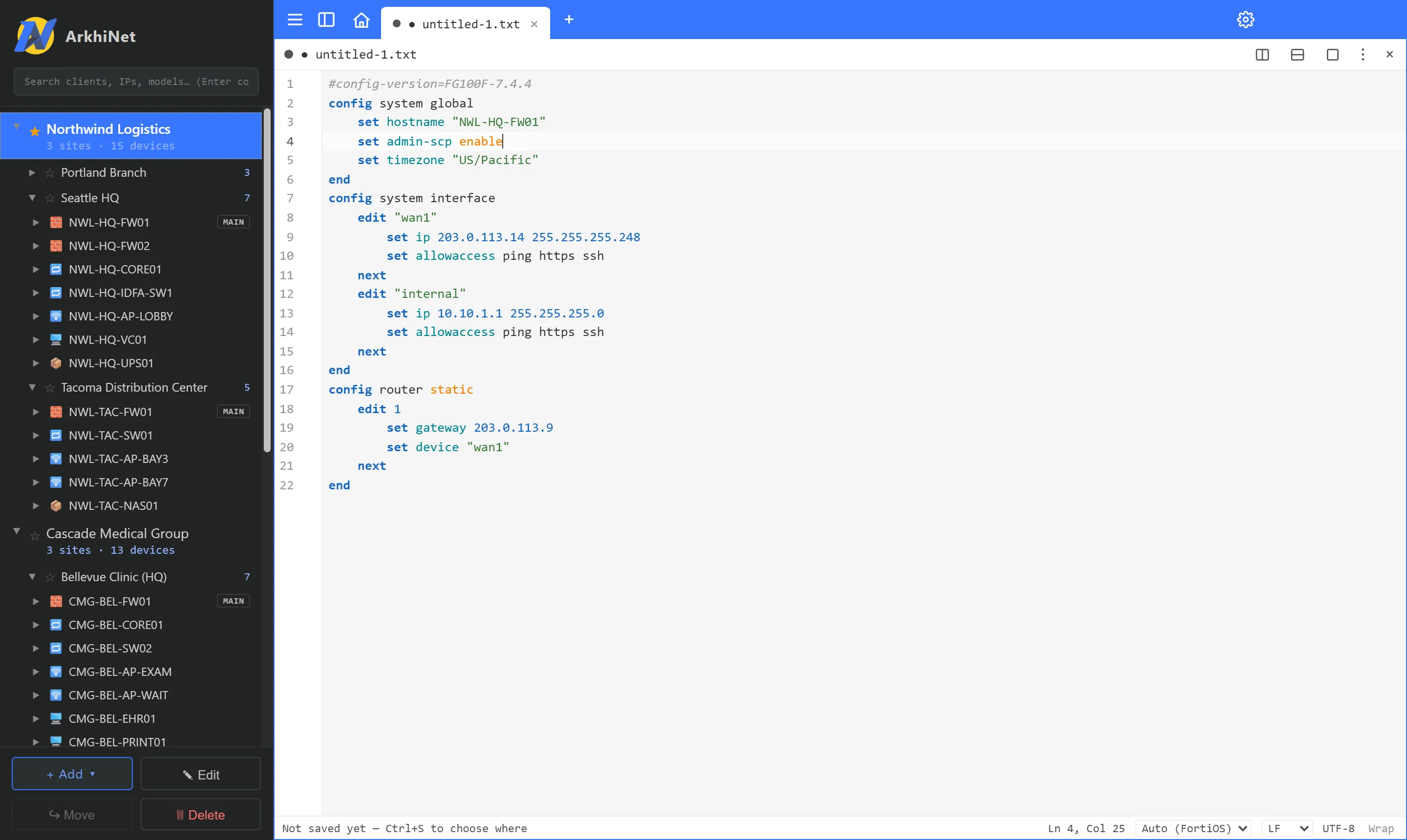 A FortiGate config in a Notepad tab with FortiOS highlighting; the status bar shows Ln 4, Col 25, Auto (FortiOS), LF and UTF-8
