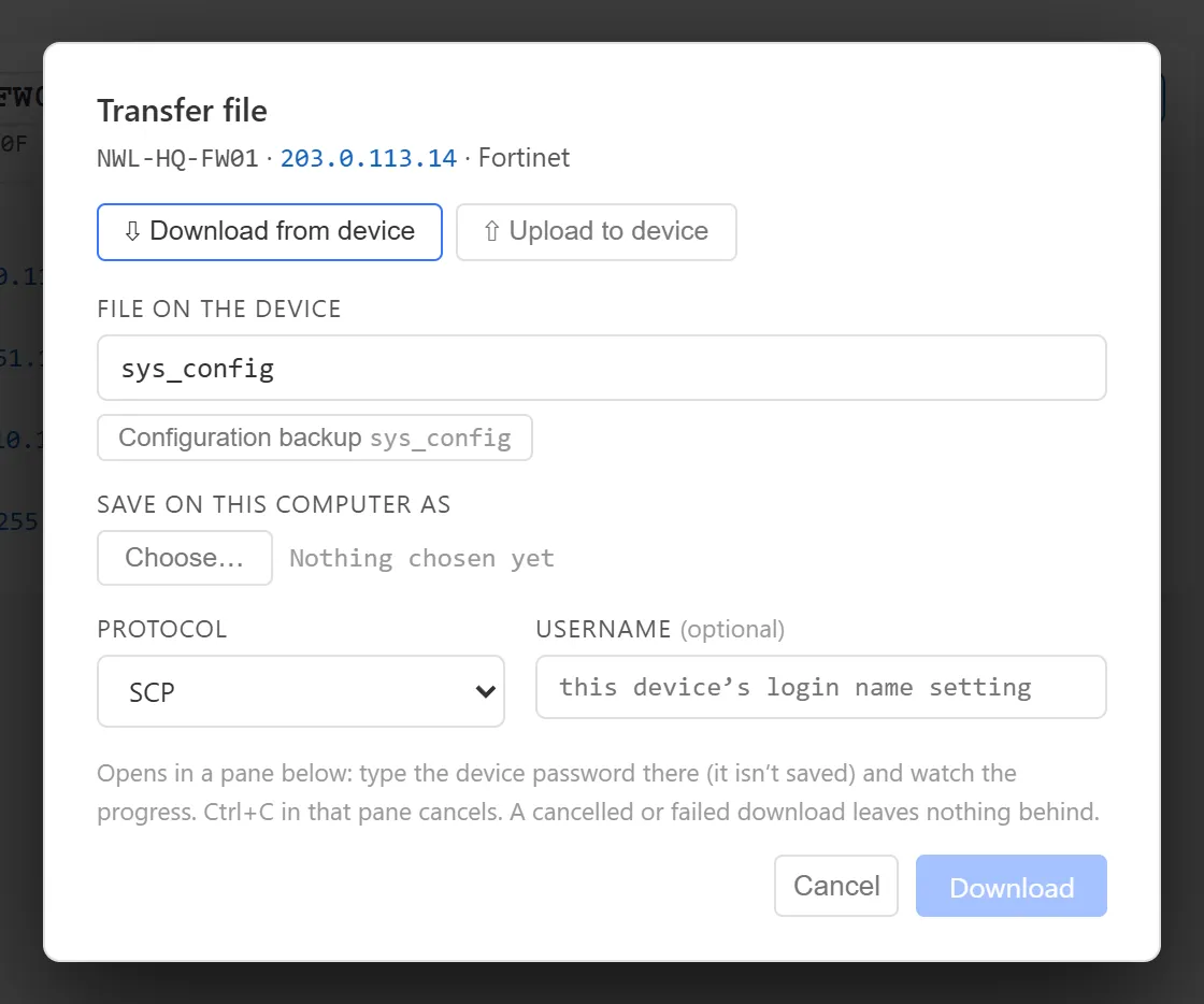 The Transfer file dialog for NWL-HQ-FW01, set to download the FortiGate configuration backup sys_config over SCP