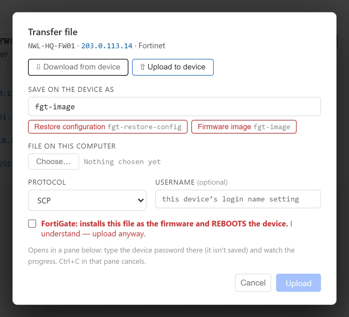 The Transfer file dialog set to upload fgt-image, showing the red warning that the FortiGate installs the firmware and reboots, with an I understand checkbox