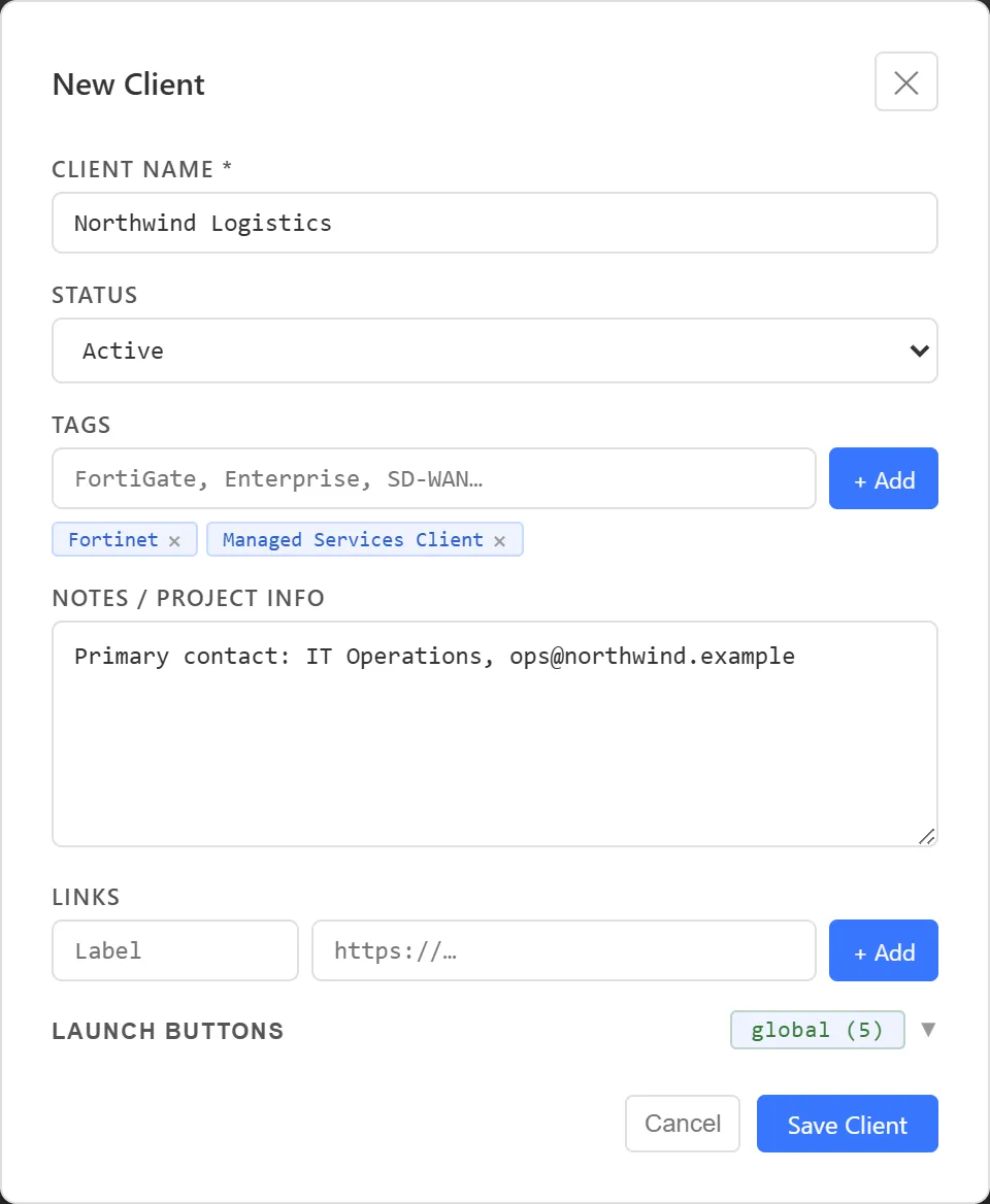 The New Client dialog with Northwind Logistics as the client name and Fortinet and Managed Services Client tags