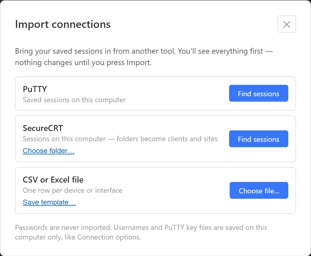 The Import connections dialog listing three sources: PuTTY, SecureCRT and CSV or Excel file