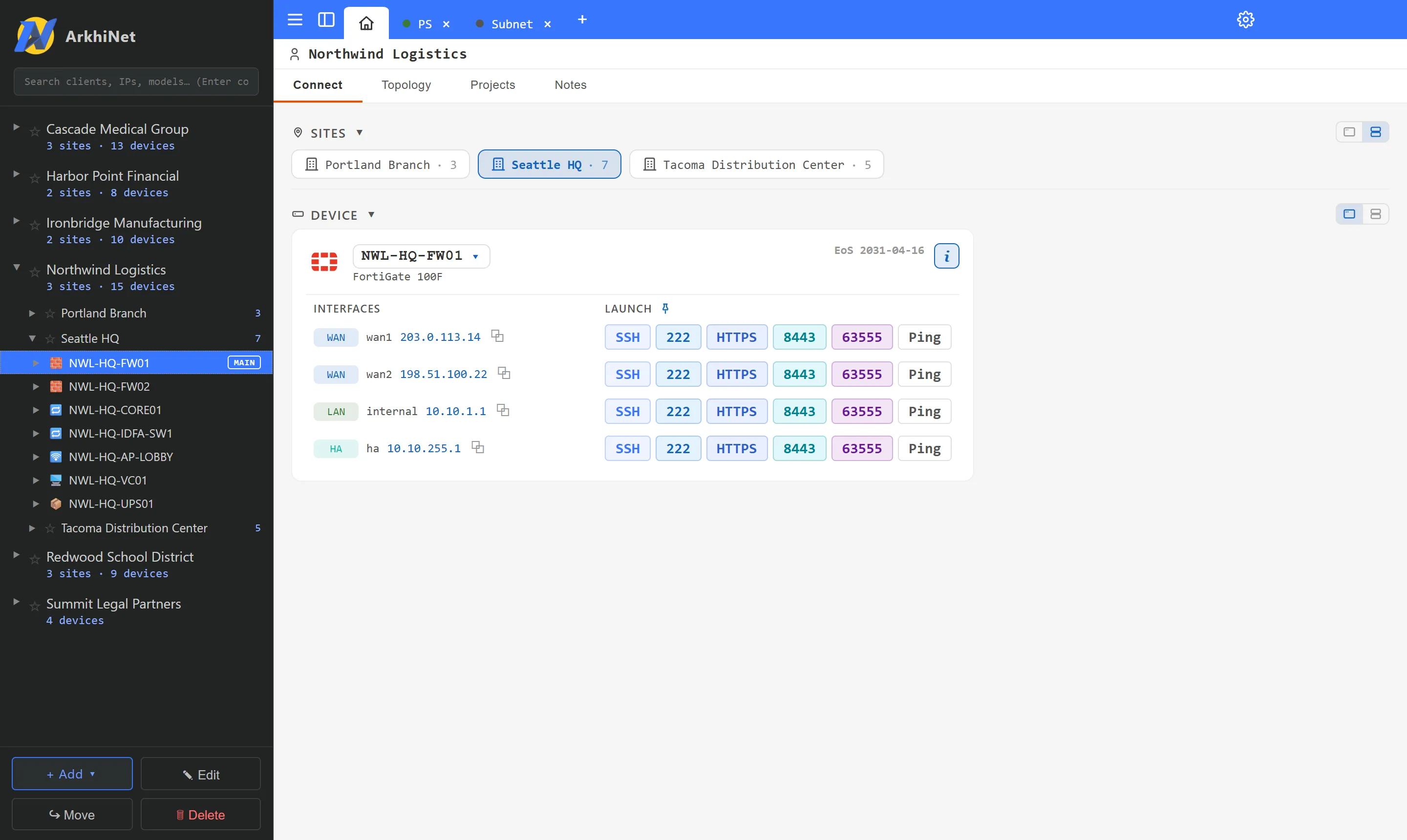 The ArkhiNet main window with the inventory tree on the left, the tab strip across the top, and the Home tab showing the Connect view for a Northwind Logistics firewall
