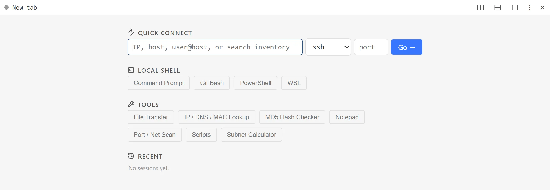 The new-tab screen with the quick connect bar and the Local shell, Tools and Recent sections