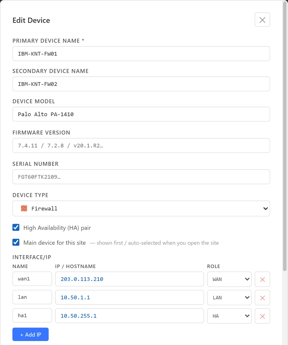 Edit Device dialog for the HA pair IBM-KNT-FW01, showing primary and secondary device names, model, firmware, serial, device type, the HA and main device checkboxes and the interface rows