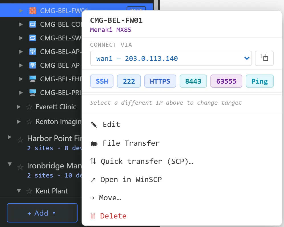Right-click menu for CMG-BEL-FW01 with the CONNECT VIA address box, its copy button, the launch buttons and Ping, and the Edit, Set as main, Move and Delete actions