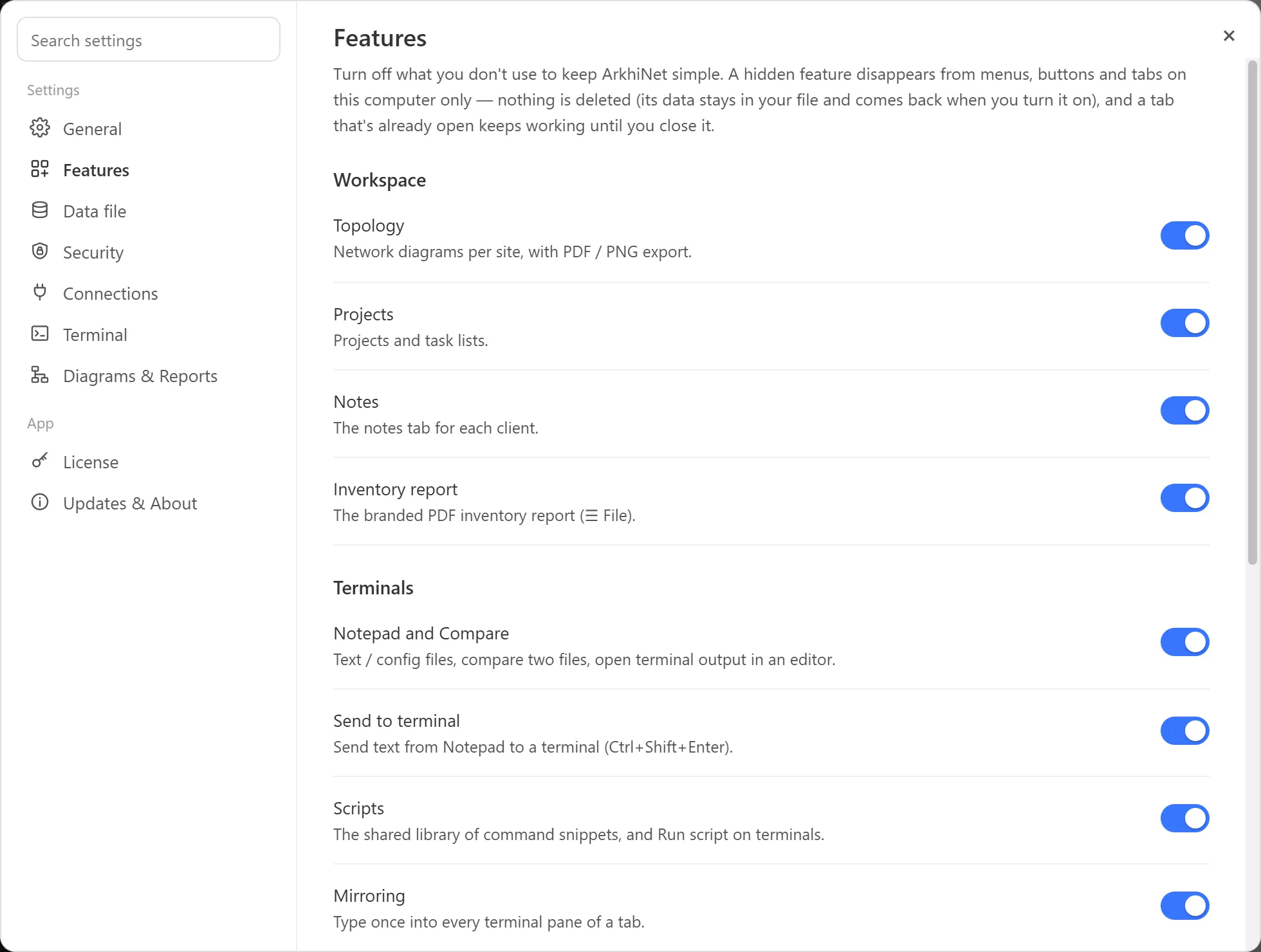Settings, Features section, with switches for Topology, Projects, Notes and Inventory report under Workspace and the Terminals group below