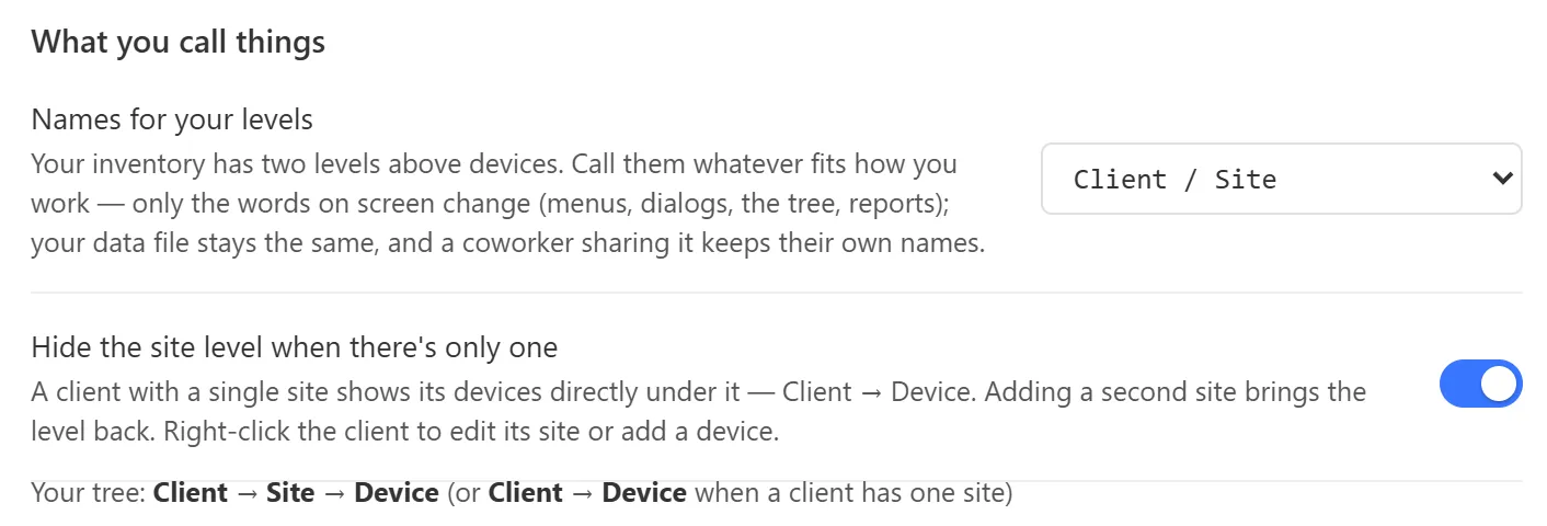 Settings, General section, What you call things: the Names for your levels dropdown and the Hide the site level switch with the tree preview line