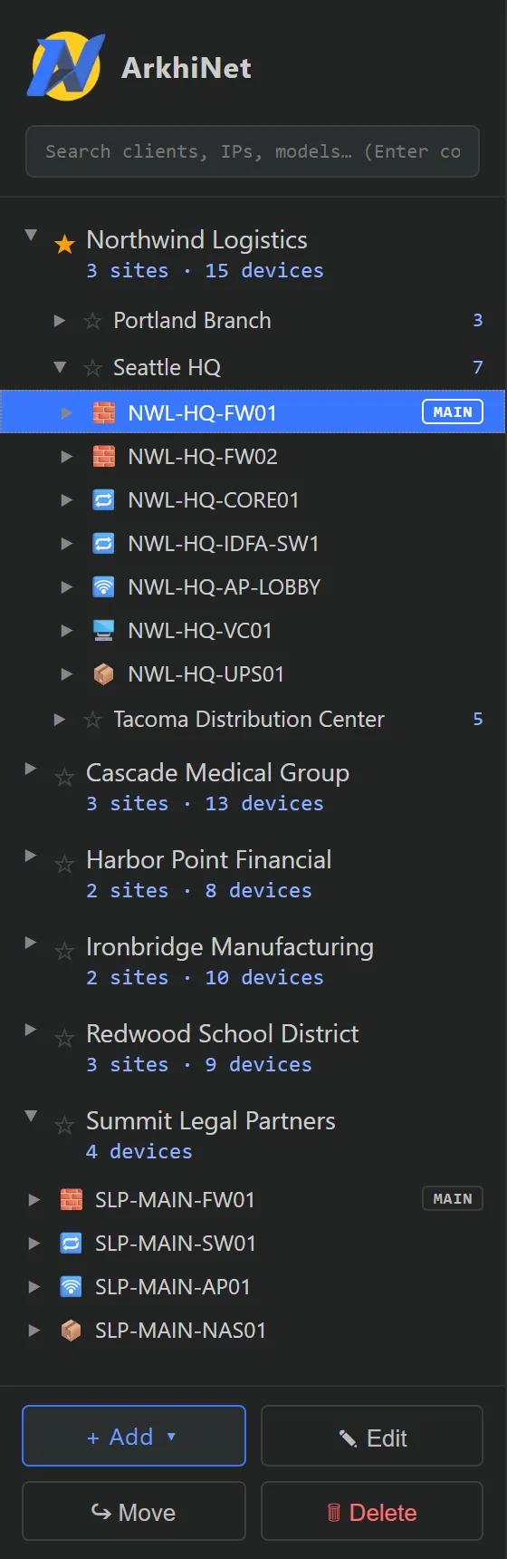 ArkhiNet sidebar tree with Northwind Logistics pinned to the top and expanded to its Seattle HQ devices, and Summit Legal Partners showing its devices directly under the client