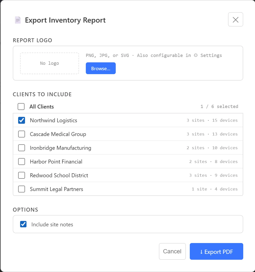 The Export Inventory Report dialog with the report logo area, the list of clients to include, and the Include site notes option
