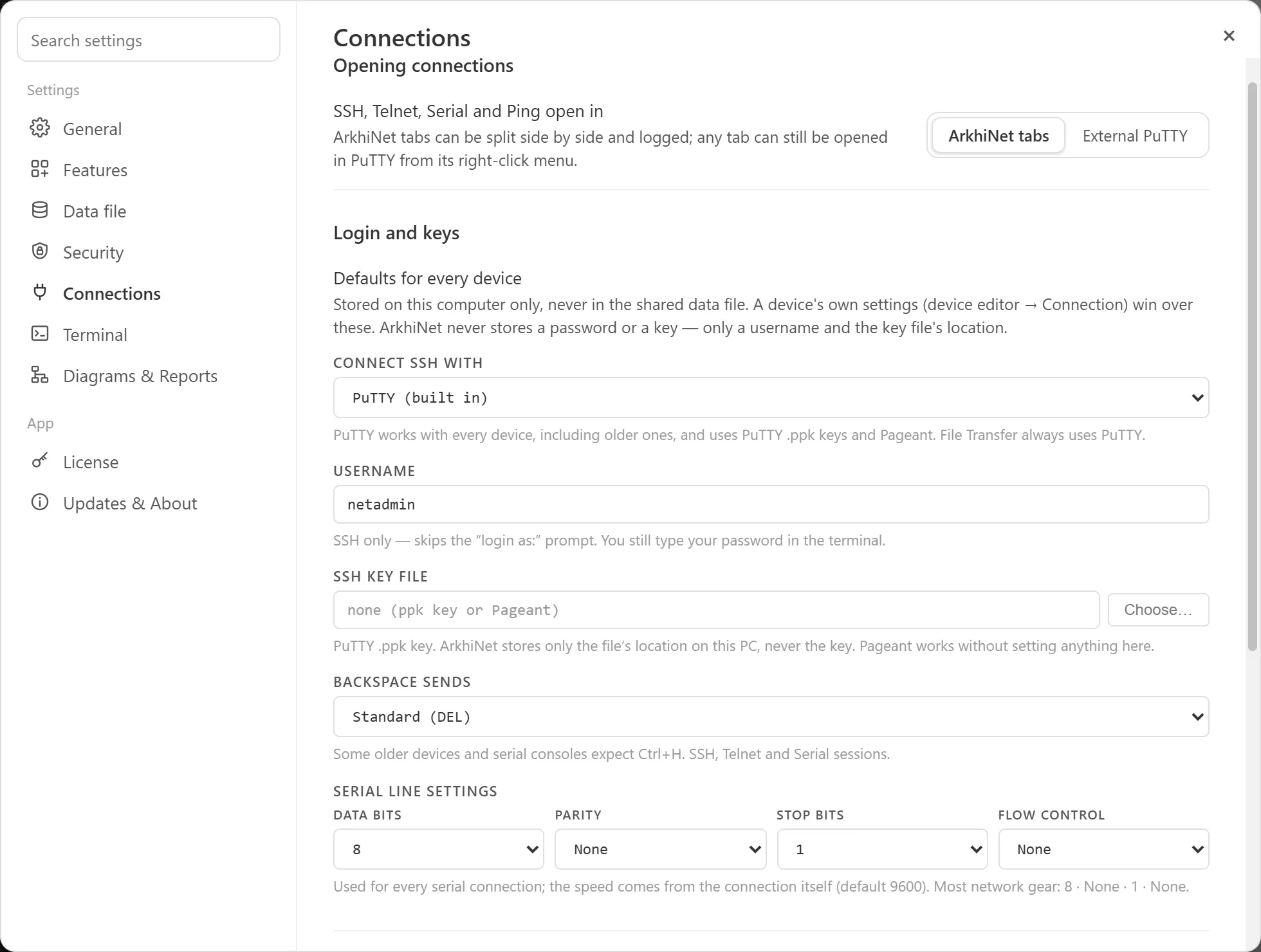 Settings on the Connections page showing Login and keys, with the default username field and the SSH key file chooser