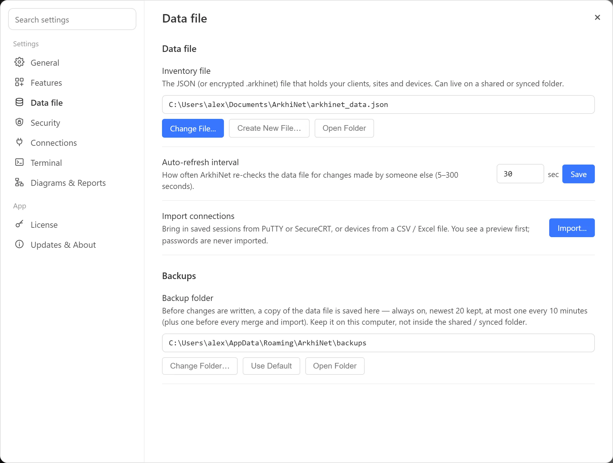 Settings on the Data file page showing the inventory file path, the auto-refresh interval and the backup folder