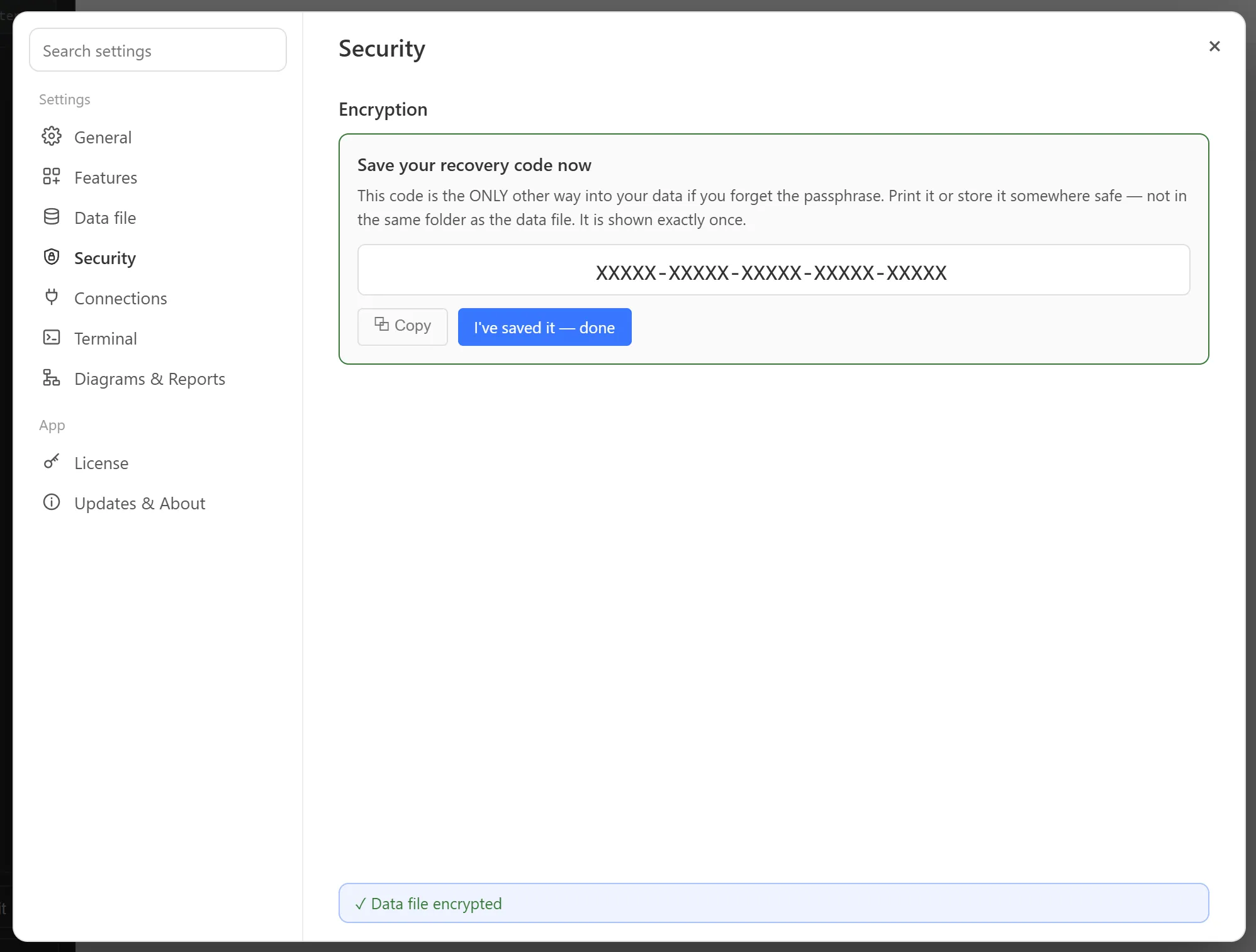 Settings on the Security page showing Save your recovery code now, with a recovery code in five groups and the Copy and done buttons