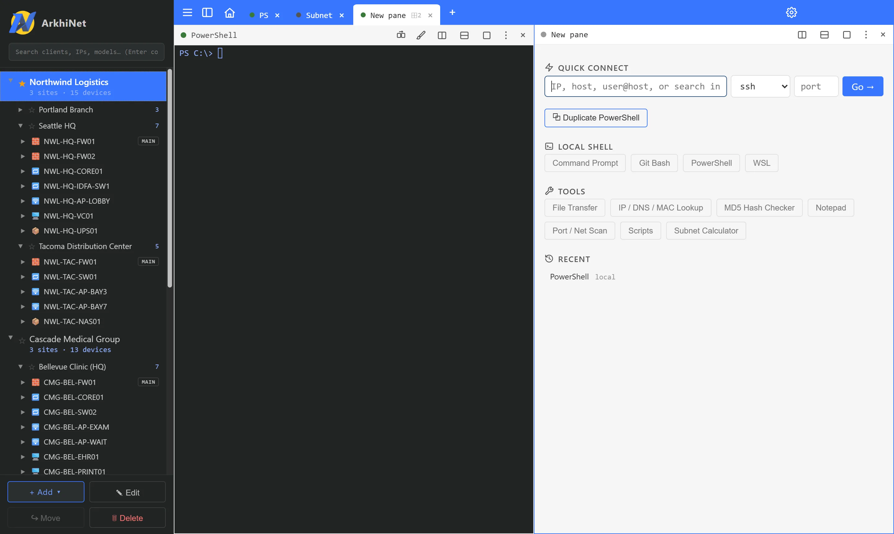 A running PowerShell pane beside the new-tab screen’s LOCAL SHELL buttons