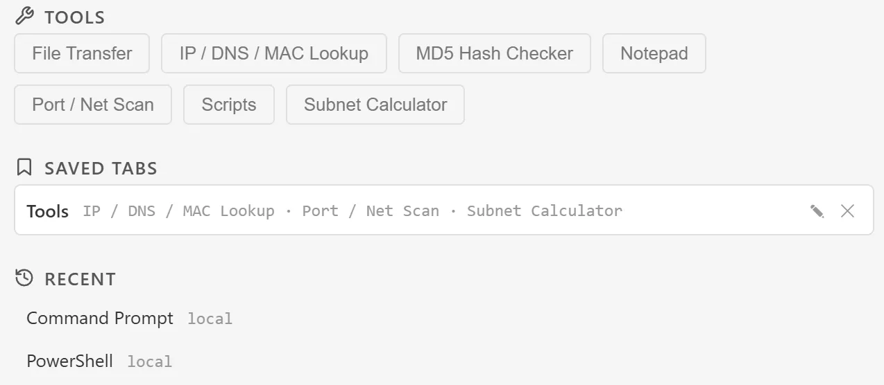 The SAVED TABS section of the new-tab screen listing a saved tab named Tools with rename and delete buttons