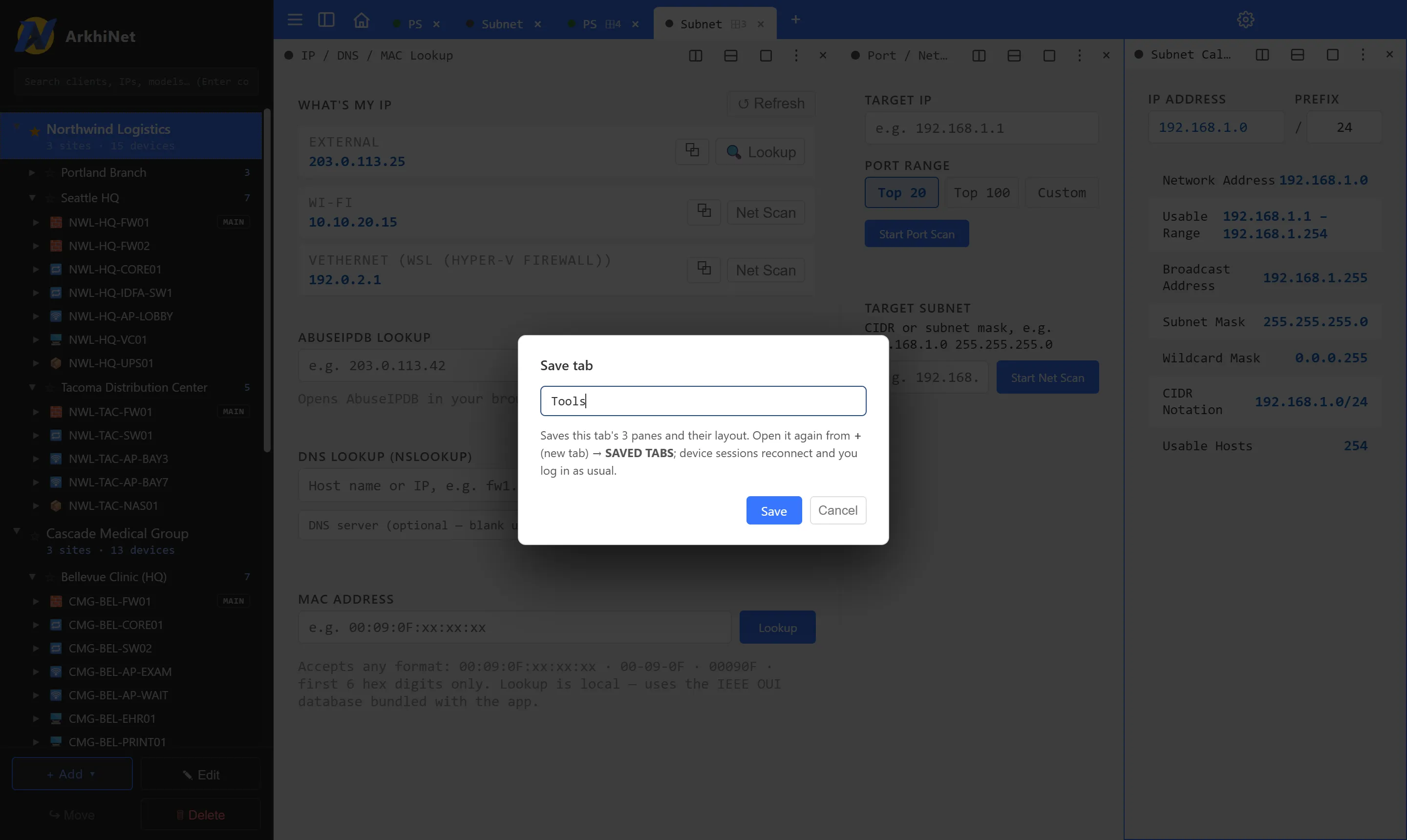 Save tab dialog with the name Tools, saving three panes and their layout