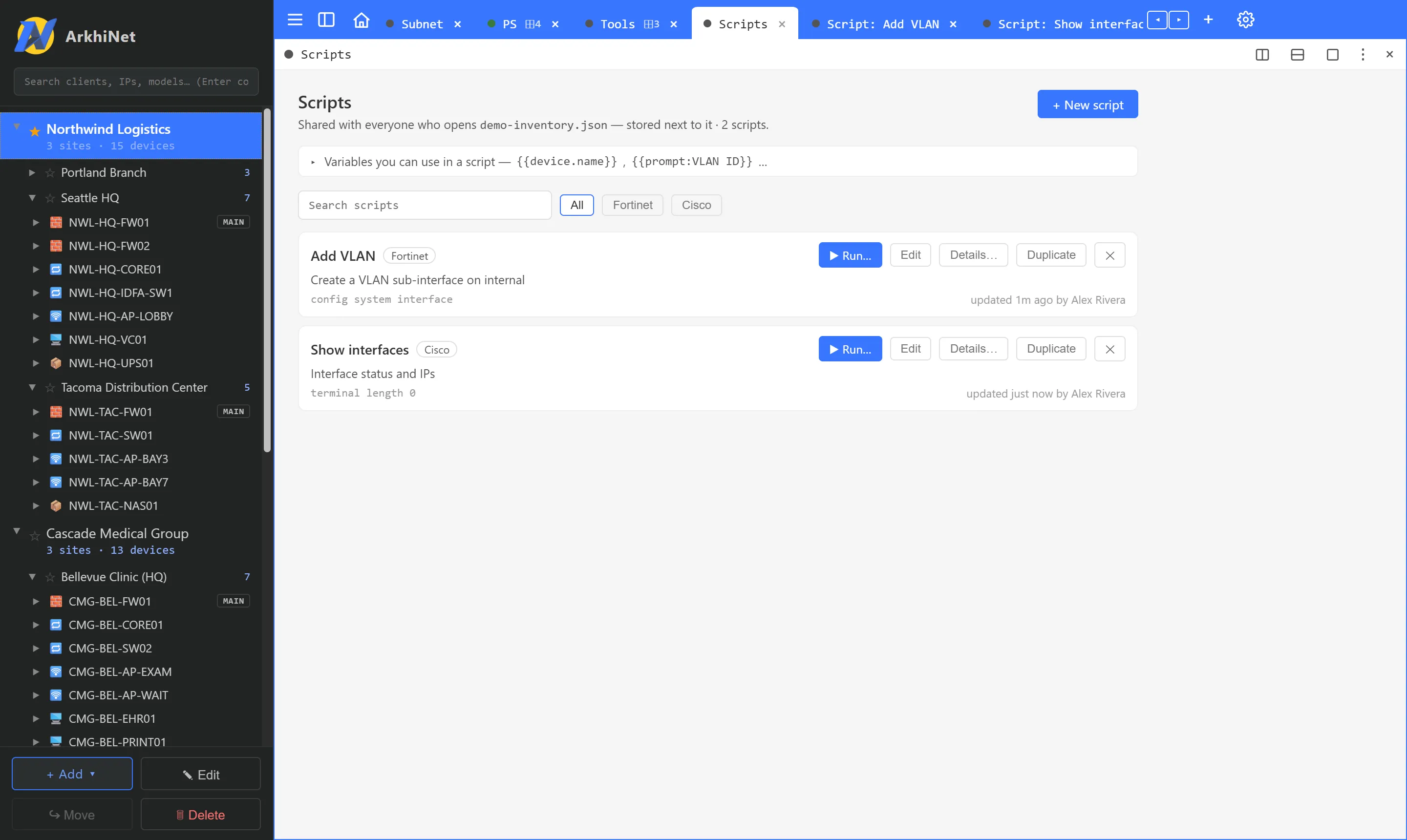 The Scripts library with a search box, All / Fortinet / Cisco filter chips, and two scripts, Add VLAN and Show interfaces, each with Run, Edit, Details, Duplicate and delete buttons