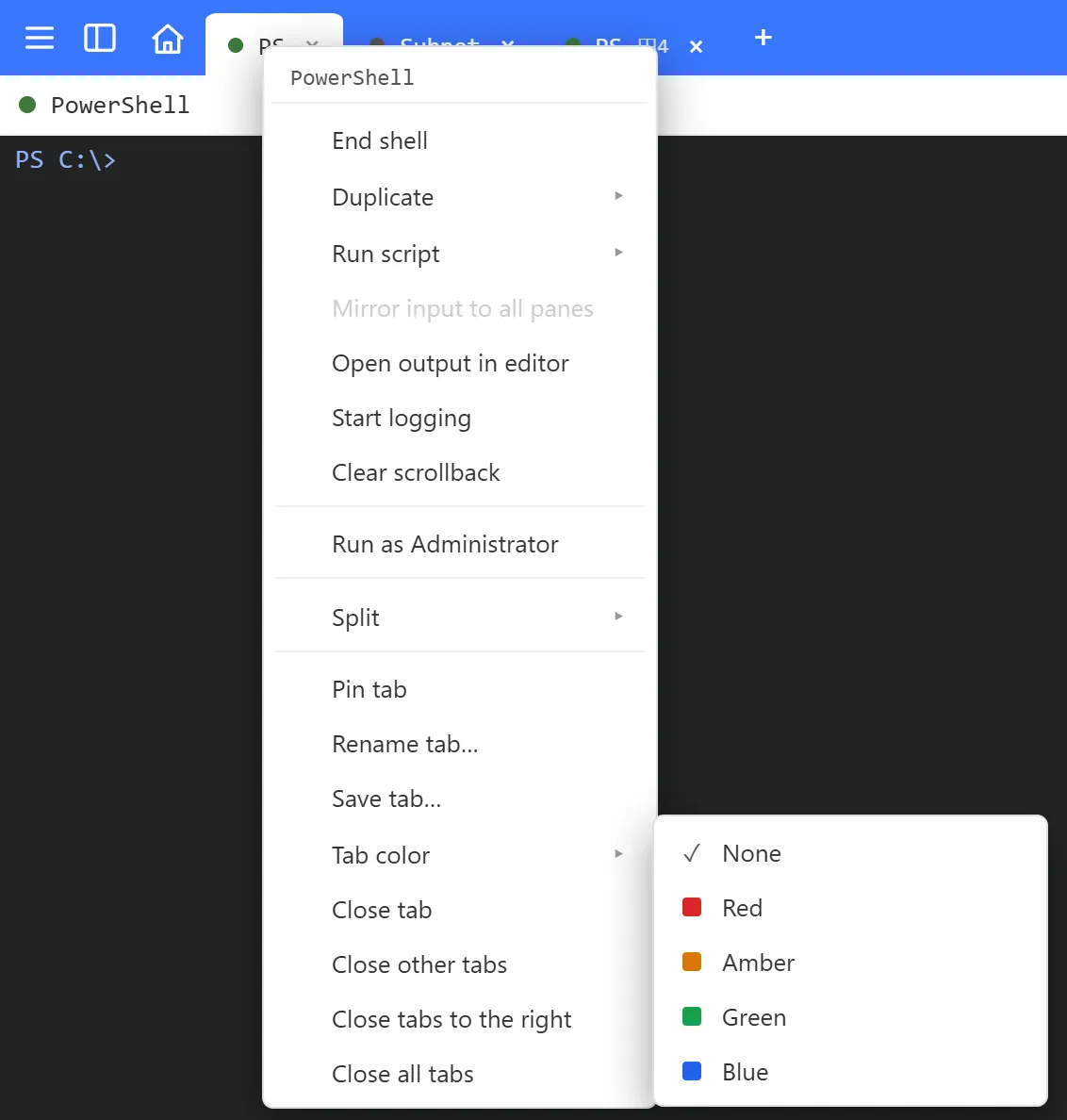 Tab right-click menu with the Tab color submenu open, showing None, Red, Amber, Green and Blue