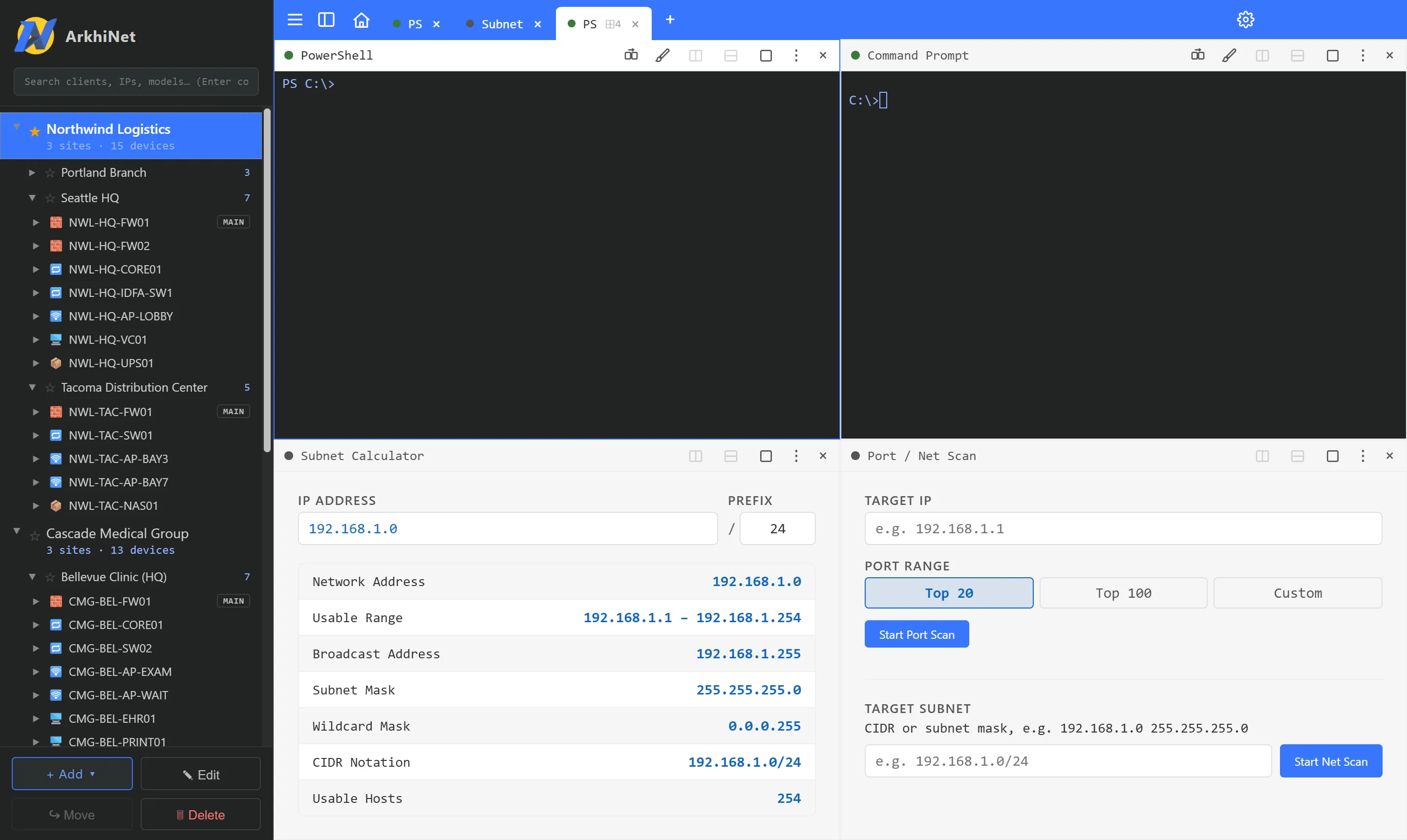One tab split into four panes: PowerShell, Command Prompt, Subnet Calculator and Port / Net Scan