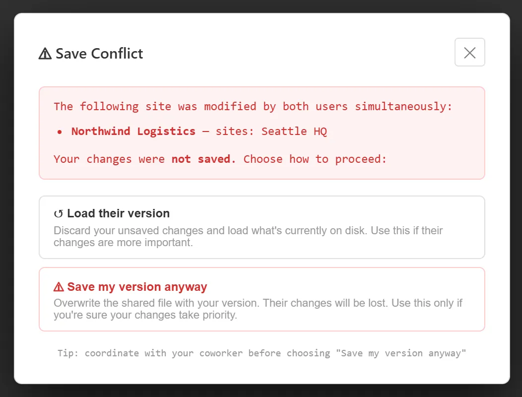 The Save Conflict dialog listing Northwind Logistics, site Seattle HQ, as changed by both users, with the Load their version and Save my version anyway options