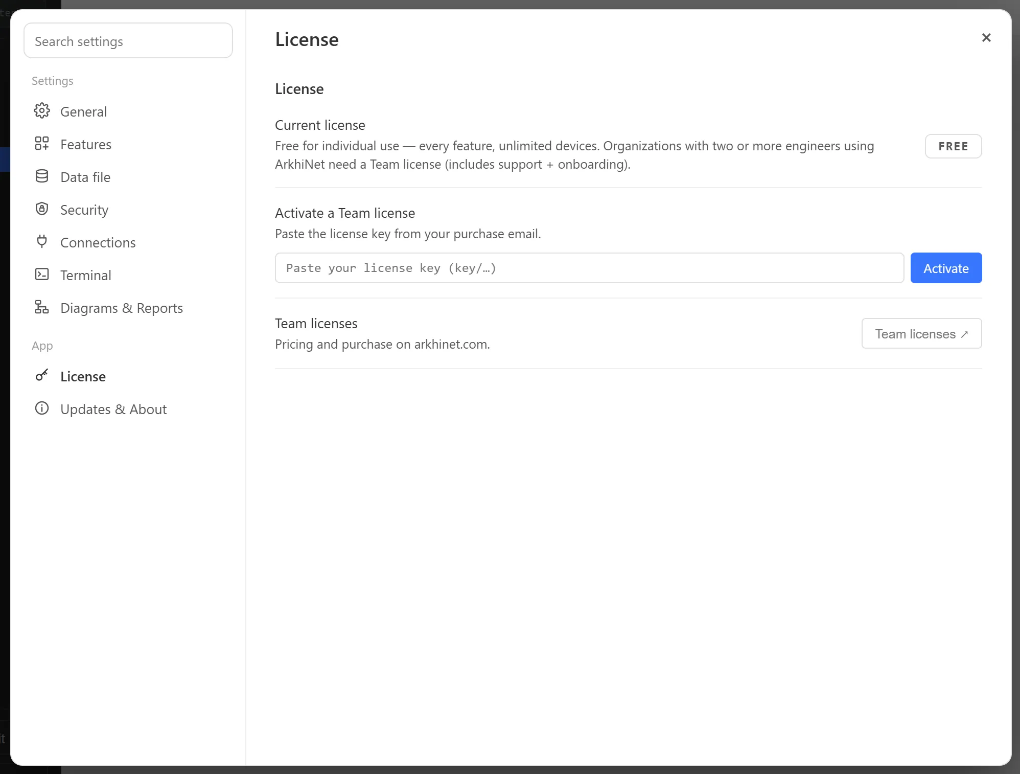Settings on the License page showing the FREE badge and the Activate a Team license box for pasting a key