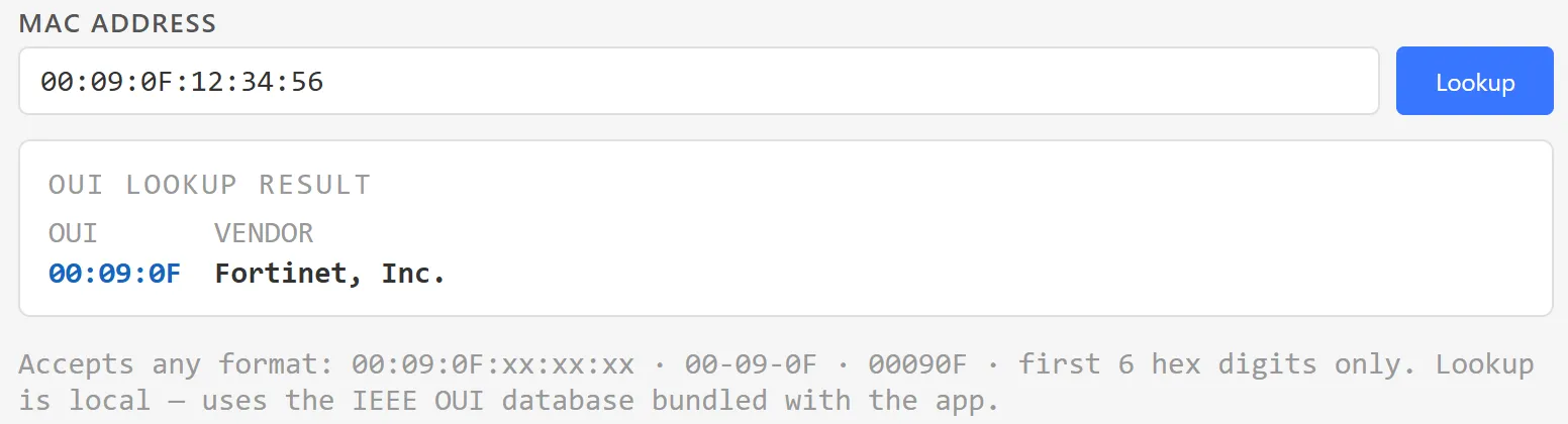 The MAC address lookup showing OUI 00:09 and vendor Fortinet, Inc.