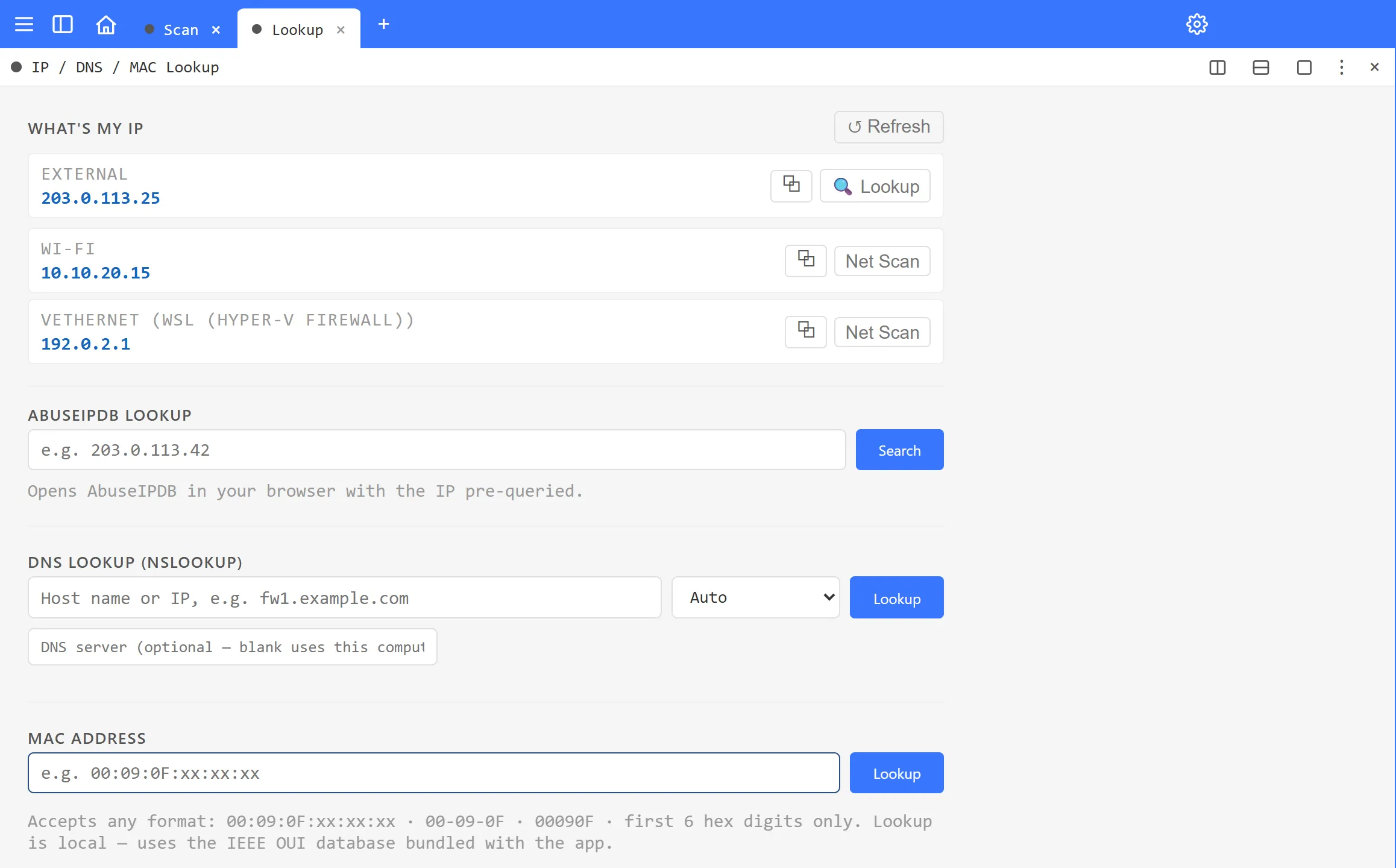 The IP / DNS / MAC Lookup tab, with What’s my IP at the top, then AbuseIPDB lookup, DNS lookup and MAC address lookup