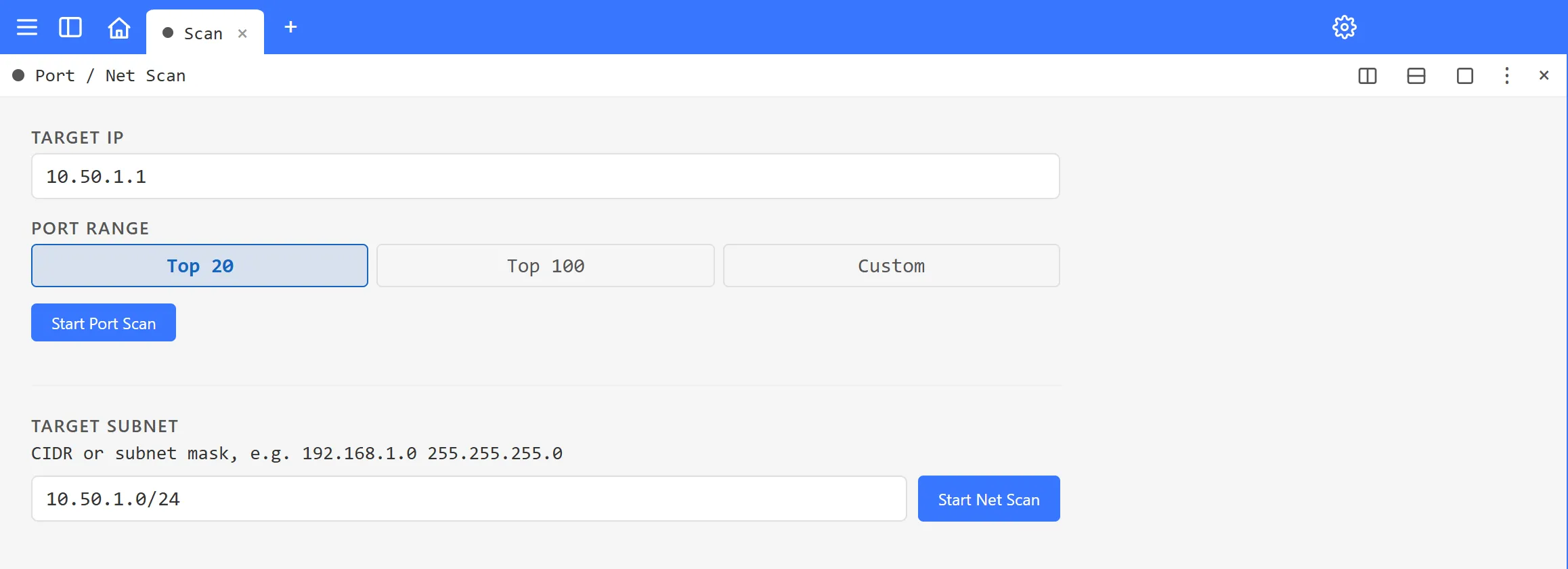 The Port / Net Scan tab with the port scanner’s target IP and port range options at the top and the network scanner’s target subnet below