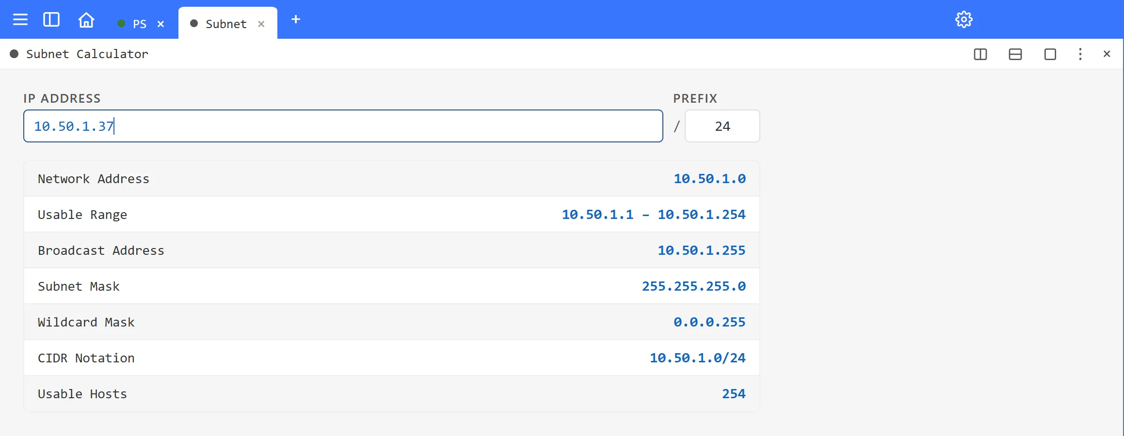 The Subnet Calculator showing the network, usable range, broadcast, masks and host count for 10.50.1.37/24