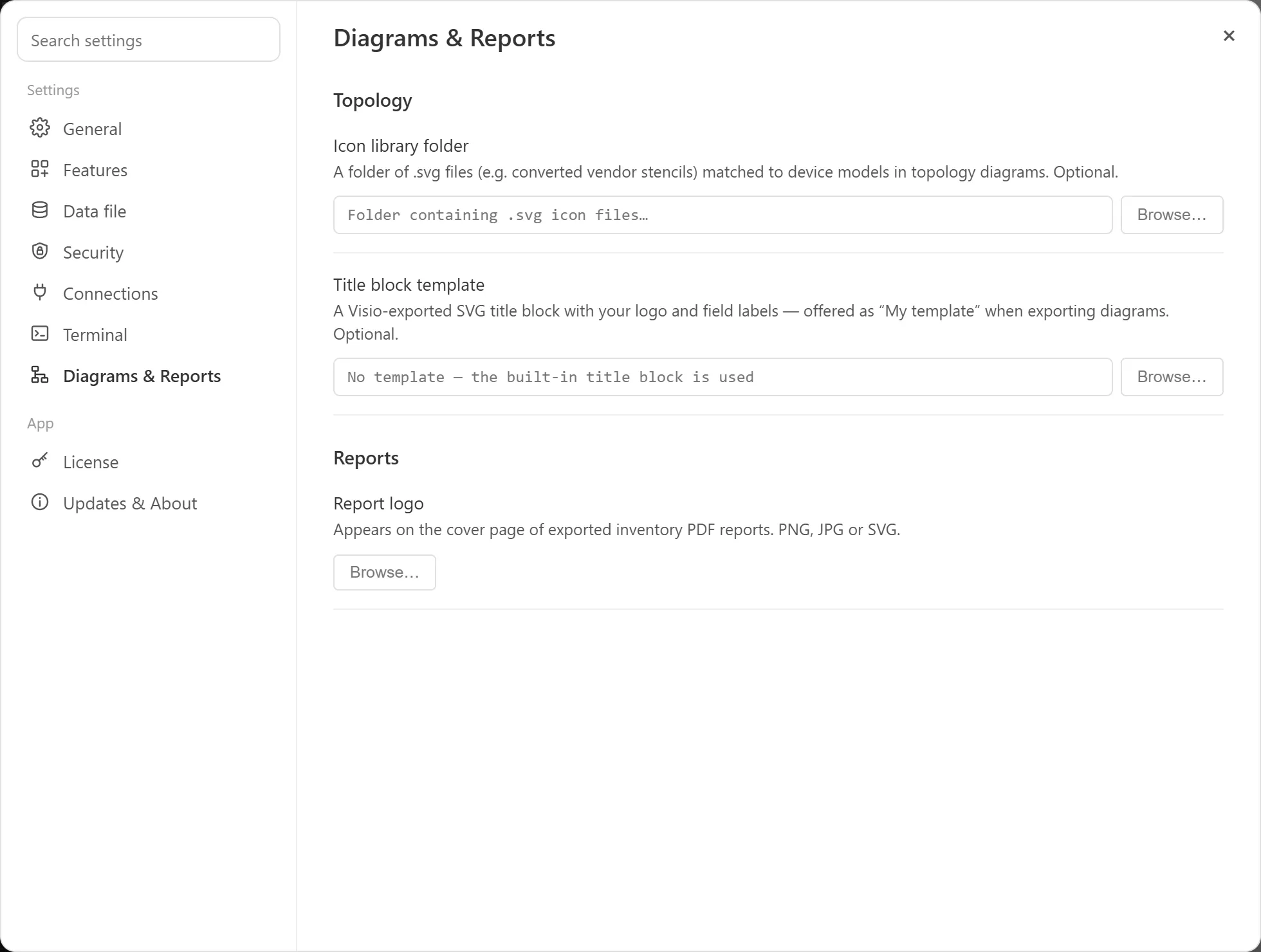 Settings open at Diagrams & Reports, showing the Icon library folder and Title block template settings with their Browse buttons