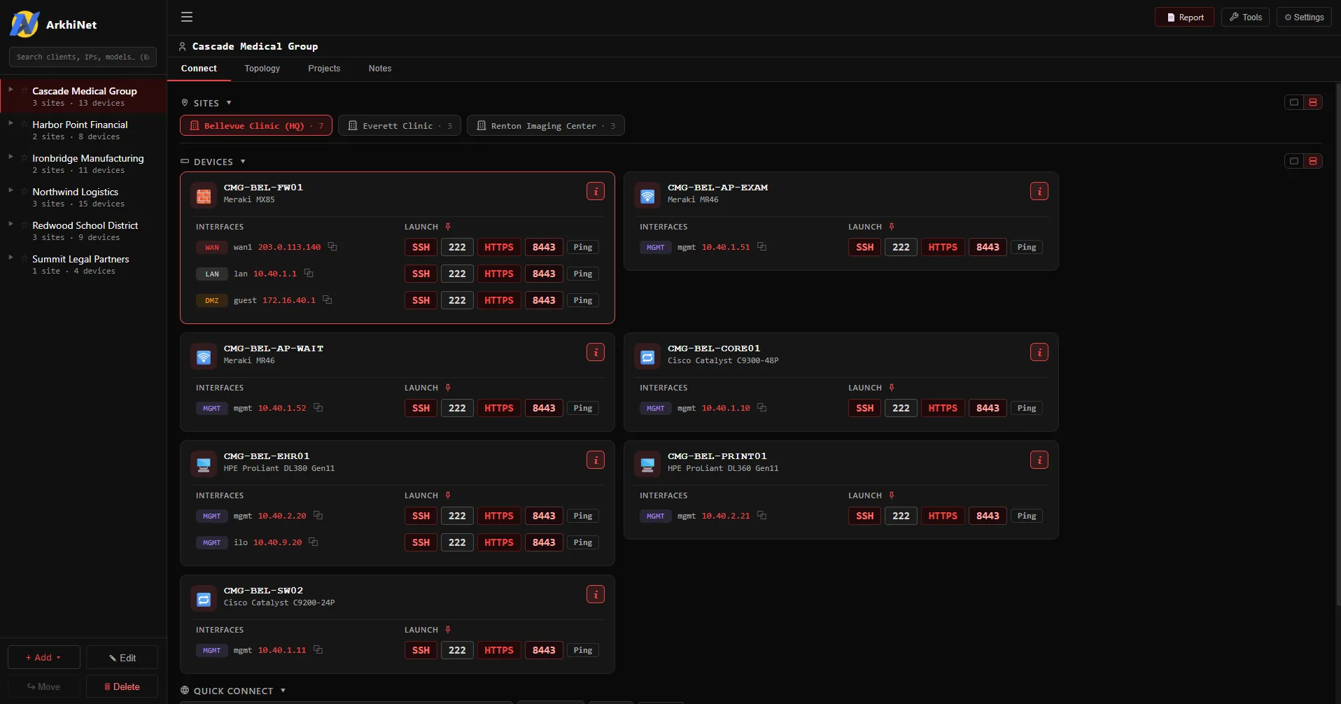 ArkhiNet dark theme — client list with per-site devices and one-click connection chips